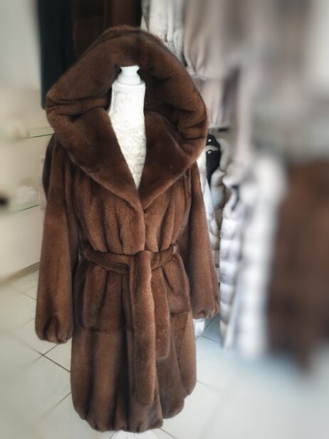 Mink coat (brown, black, sapphire, silver, palomino). Classic model A silhouette, with hood and belt