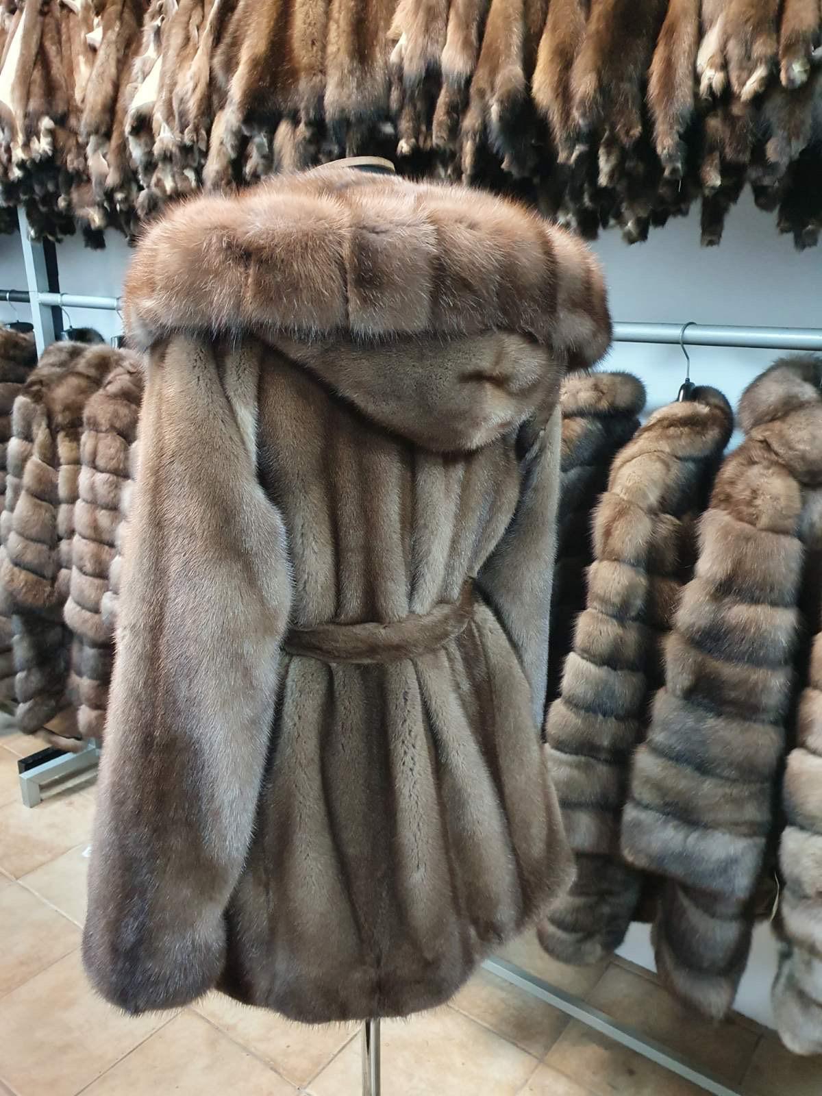 Mink coat brown black sapphire silver palomino Straight model cross section with sable hood and belt Furs online shop